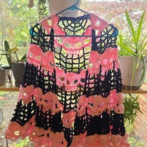 Pastel Goth Pink Skull and Black Spiderwebs Crochet Shawl